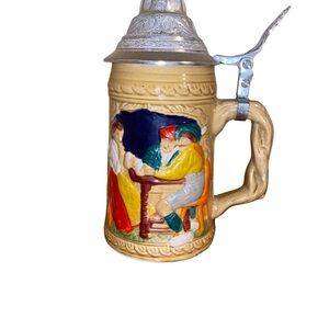 Vintage German Style Beer Stein Pewter Lid Couple Scene Made in Taiwan “B”